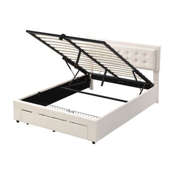 Cama Tapizada Beige 140 X 190 Cm Con Canapé, Cajón De Dos Cestas Y Cabecero Regulable
