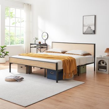 Cama Metálica Linköping Cabecero Rectangular 180x200cm Negro / Efecto Ratán [en.casa]