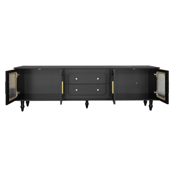 Mueble Tv Retro Negro 175 Cm Con Puertas De Cristal Estriado Y Tiradores Dorados, Madera