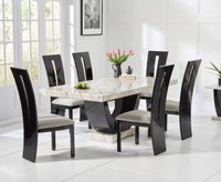 raphael 170cm cream and black pedestal marble dining table with verbier chairs - black 4 chairs
