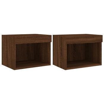 Pack 2 Uds Mesitas De Noche | Mesa Auxiliar | Mesilla De Pared Con Luces Led Roble Marrón