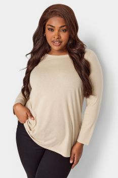 Yours Camiseta Lisa Manga Larga Beige, Mujer Curvy Y Tallas Grandes, Yours
