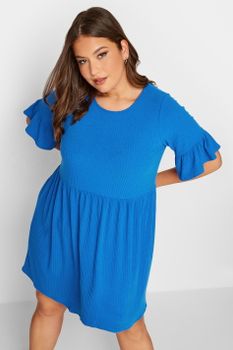 Yours Vestido Mini Azul Cobalto Mangas Con Volantes, Mujer Curvy Y Tallas Grandes, Yours