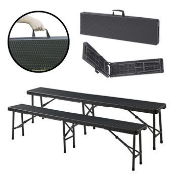 Juego De 2 Bancos Plegables Mark De 4 Plazas 180x25x43cm - Efecto Ratán Negro [en.casa]