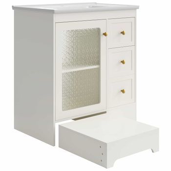 Mueble De Baño Con Lavabo - Sin Tamaño Especificado - Con Reposapiés Oculto, Lavabo Cerámico Liso, Iluminación Led, Vidrio En Relieve Y Tiradores Dorados - Blanco