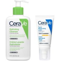 cerave morning face routine for dry skin hydrating cleanser and moisturiser with spf 50