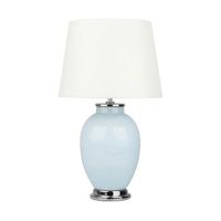 lampara de mesa base de ceramica azul claro pantalla redonda de poli algodon blanco brenta