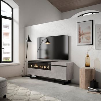 Mueble tv efecto madera cemento 150x35x57cm chimenea efecto fuego
