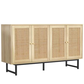 Aparador efecto madera natural con 4 puertas de ratán 140*39*80cm