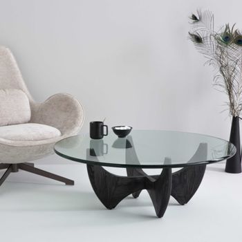Mesa centro redonda roble macizo negro con tapa de cristal - l100 cm