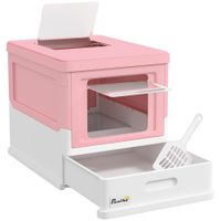 pawhut arenero cubierto para gatos desmontable con entrada frontal y salida superior con pala 475x355x367 cm rosa y blanco