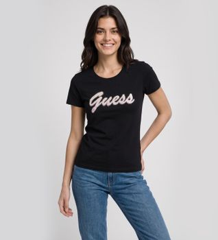 Guess para mujer. W6YI56K5028 Camiseta Logo Lentejuelas Degradé Negro (XL), Casual, Algodón, Manga corta