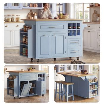 Carrito De Cocina - Mueble De Servicio Para Comedor - Mdf Y Metal - Azul (143x75x91cm)