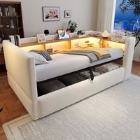 sofa cama individual 90 x 190 cm beige con almacenaje hidraulico luz led y enchufes