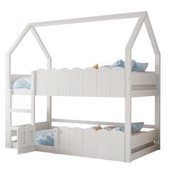Litera Infantil En Forma De Casa 90x200 Cm, Diseño Seguro Con Puerta, Estructura De Madera, Blanco
