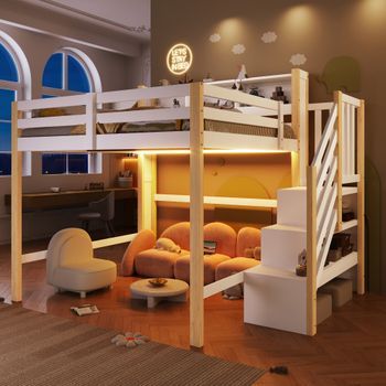 Cama Loft 140x200 Cm Con Led, Gran Almacenamiento Debajo De La Cama, Escalera Estante, Compartimento Abierto, Blanco Y Natural