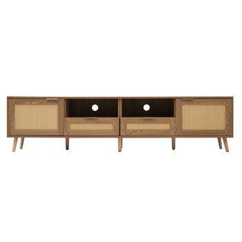 Mueble Tv Efecto Roble 200 Cm Con 2 Puertas De Ratán Y 2 Cajones