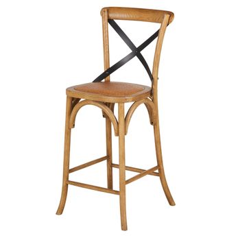 Taburete alto de madera oscura, ratán y acero de 65 cm