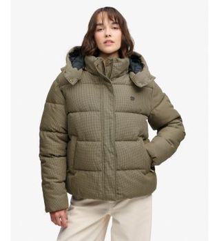 Superdry para mujer. W5012206A Chaqueta Acolchada Premium de Cuadros con Capucha marrón (S), Casual, Poliéster