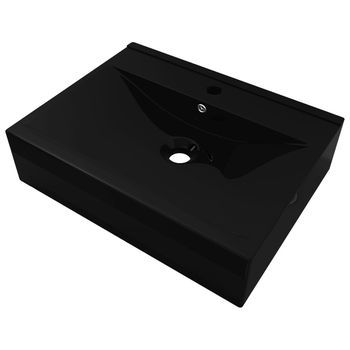 Lavabo De Baño Moderno | Lavabo Rectangular Cerámica Orificio De Grifo Negro 60x46 Cm