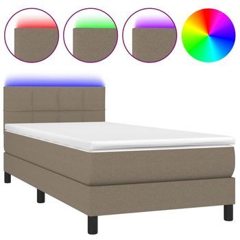Cama Individual | Cama Para Adultos | Cama Box Spring Colchón Y Luces Led Tela Gris Taupe 100x200 Cm