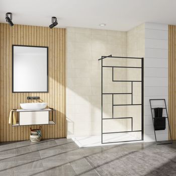 Aica Walkin Mampara Panel De Ducha Serigrafiada De Línea Negra Vidrio Templado De 8mm Antical Con Barra 70-120cm Perfil Negro Mate (78-80)x200cm