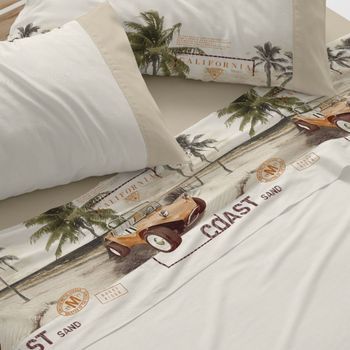 Juego De Sábanas 50% Algodón Diseño Vintage Playa Agua Marina 135 X 190/200 Cm - Ambar - Burrito Blanco