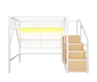 cama alta metalica 140200 cm - con escalera almacenamiento y luces led controladas por app - blanco
