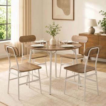 Conjunto 1 Mesa + 4 Sillas De Melamina Metal-homcom. Natural Y Blanco