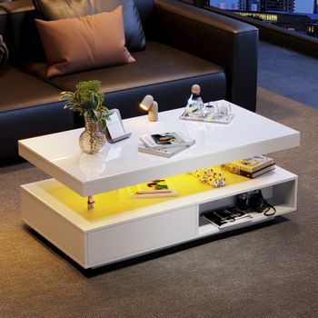 Mesa De Centro Blanca De Alto Brillo 95 X 50 X 42,5 Cm Con 4 Vidrios Y 2 Cajones