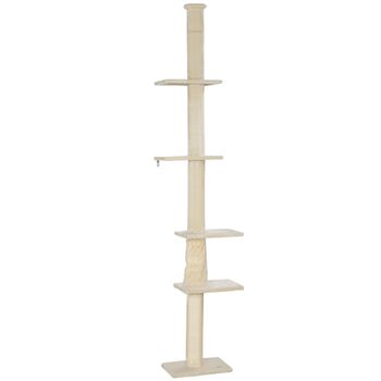PawHut Árbol rascador, altura ajustable 225-275 cm, base estable, protección contra vuelcos, cubierta de peluche, Cremeweiß