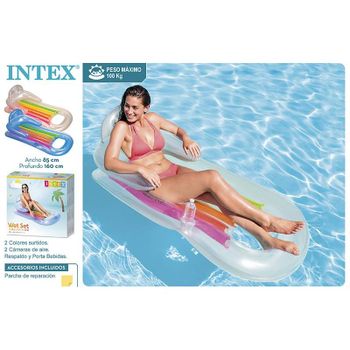 Intex- Colchoneta sillon bronceador, blanco y azul, 160x85 cm comodo, ligero, manejable, Seguro y práctico maximo 80kg incluye kit de parche reparacion gran calidad oficial garantizado ideal para