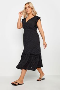 Yours Vestido Negro Cruzado Con Bordados Calados, Mujer Curvy Y Tallas Grandes, Yours