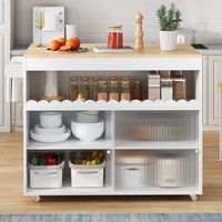 isla de cocina con ruedas encimera de roble ampliable y puertas de vidrio templado