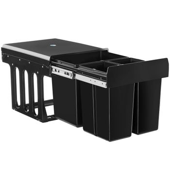 Cubo de basura, plástico, 3 compartimentos, guías telescópicas, negro