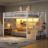 sweiko cama alta 140x200 cm estructura hierro con tira led escalera con almacenaje espacio libre para disfrazarse blanca - blanco