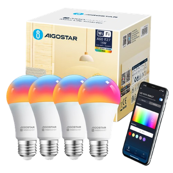Aigostar Bombilla Inteligente LED E27 Wifi E27 15W 1500lm, Bombilla RGB(2700K-6500K) Luces Colores Regulable, Sincronización con la música, Conexión rápida, Compatible Alexa y Google Home, Paquete 4