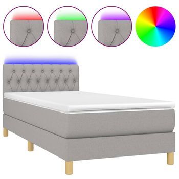 Cama Para Adulto | Cama Individual | Cama Box Spring Con Colchón Tela Y Led Gris Claro 100x200 Cm