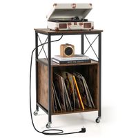 costway soporte para tocadiscos mesa auxiliar con estacion de carga incorporada gabinete de almacenamiento para vinilos estante de exhibicion marron