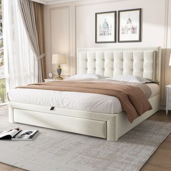 Cama Doble De 140x200 Cm Con Almacenamiento Hidráulico, 2 Cajones, Cabecera Ajustable, Somier De Láminas, Fácil Montaje, En Terciopelo Color Beige.