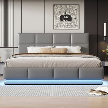 Cama Doble Tapizada 180x200cm, Base Led Y De Listones, Gris Claro, Imitación Cuero