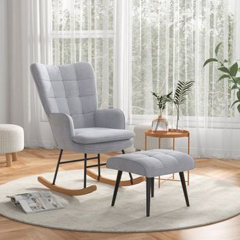 Silla Mecedora Con Reposapiés De Lino Homcom 64x89x90 Cm Gris Claro