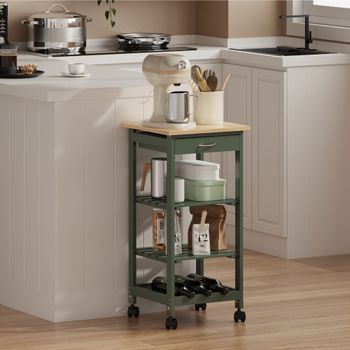 Carro De Servicio Biel 3 Estantes Cajón 76x37x37cm - Verde/madera [en.casa]