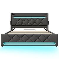cama tapizada doble 140x200cm con iluminacion led 360 cabecera con almacenamiento y puerto usb-c sistema hidraulico de lino colchon de 620 muelles somier incluido color gris