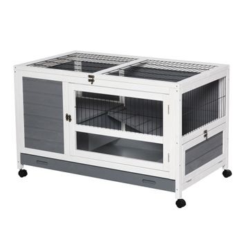 PawHut Conejera de Madera Caseta de Interior para Mascotas Pequeñas 2 Pisos con Ruedas Bandeja Extraíble Rampa 102x60x63,5 cm Gris Blanco   Aosom España