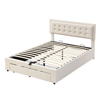 Cama Con Canapé Acolchada 140x200cm En Terciopelo Con Cajón Y Somier Beige (sin Colchón)