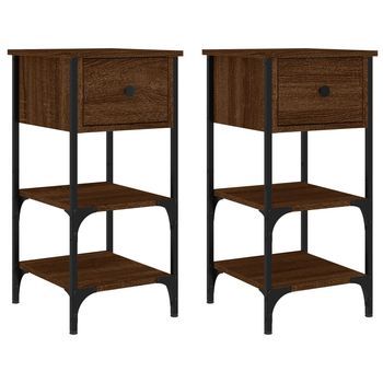Pack 2 Uds Mesitas Noche | Mesa Auxiliar | Mesilla Madera Ingeniería Marrón Roble 34x36x70 Cm
