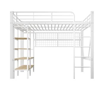 Cama alta 140x200 cm - estructura de metal, estante, barra para colgar, espacio libre, tira led - blanco