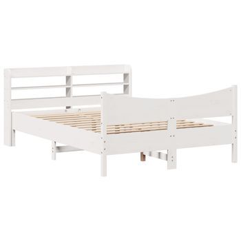 Cama De Matrimonio | Cama De Adulto | Estructura De Cama Con Cabecero Madera Pino Blanco 160x200 Cm