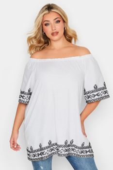 Yours Top Bardot Blanco De Algodón Con Bajo Bordado, Mujer Curvy Y Tallas Grandes, Yours
